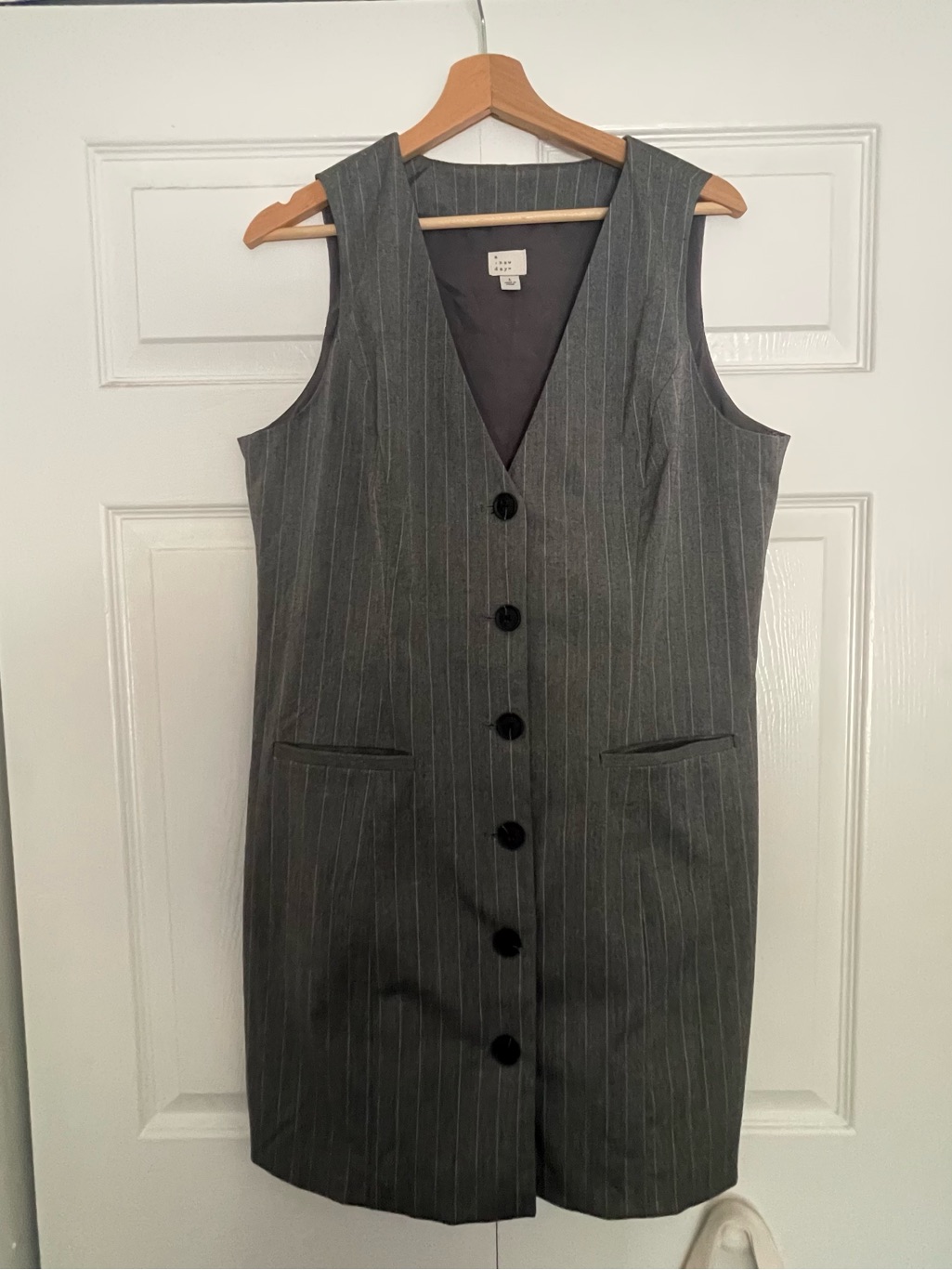 A New Day Gray Pinstripe Sleeveless V-Neck Button-Front Midi Dress
